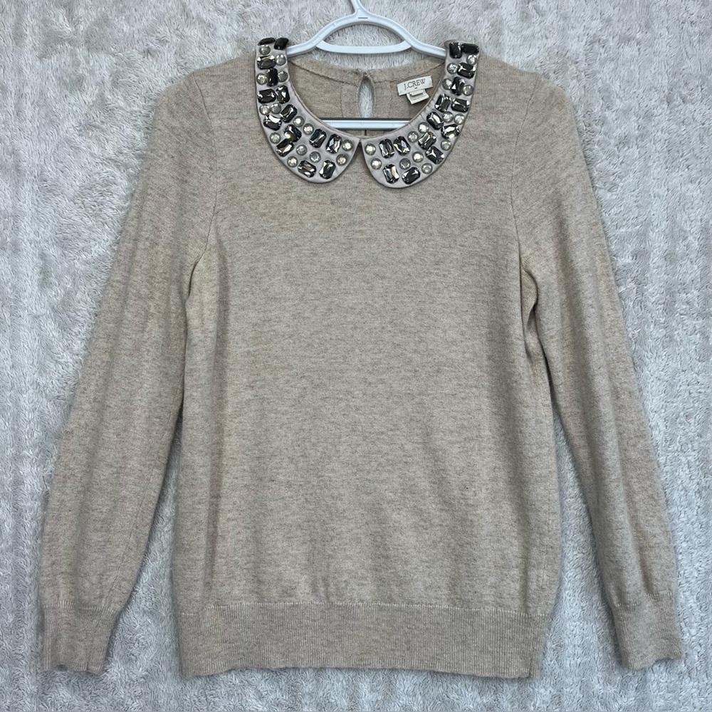 J. Crew Merino Wool Peter Pan Embellished Collar Sweater Sz XS Rhinestones - Picture 1 of 16